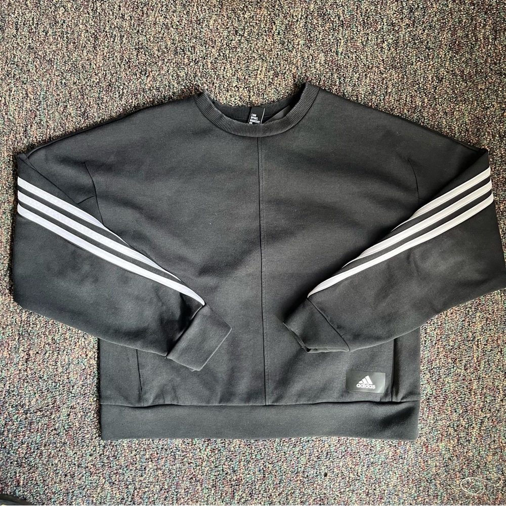 Adidas Black and White Crewneck Sweater with Iconic Stripes